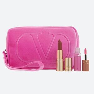 Valentino Gift Set - Pink Velvet Logo Wristlet with Lipstick and Gloss